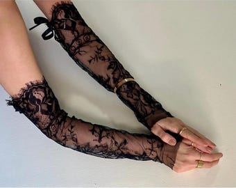 Black Floral Lace Arm Sleeves – Victorian Gothic Wedding Cuffs with Velvet Bows