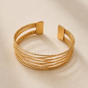 Può includere: Un bracciale a polsino color oro caratterizzato da molteplici fili sottili e testurizzati che si sovrappongono. Il bracciale è fissato alle due estremità da piastre metalliche rettangolari lisce color oro, con un design aperto.
