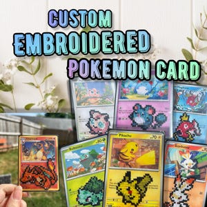 May include: A collection of trading cards featuring embroidered pixel art designs of various creatures. Each card displays a stitched character overlaying the original printed artwork, including Charizard, Jigglypuff, Marill, Magikarp, Bulbasaur, Pikachu, and Scorbunny.