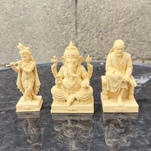 Hinduisk statyuppsättning – Sai Baba, Lord Ganesha och Krishna | Premium tempeldekoration för hemmet | Anpassad storlek tillgänglig