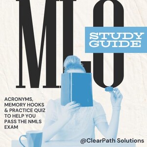 May include: A blue study guide with the text "STUDY GUIDE" and the acronym "MLO". The guide includes information on acronyms, memory hooks, and practice quizzes to help pass the NMLS exam. The image also includes a blue mug.