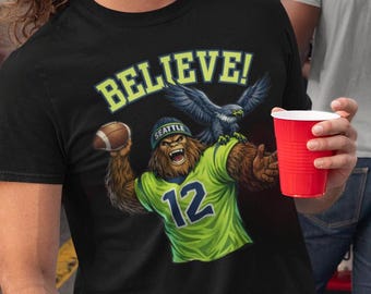 Camiseta de fútbol de Seattle Believe Bigfoot, colores cómodos, camiseta de algodón, ropa para el día del juego