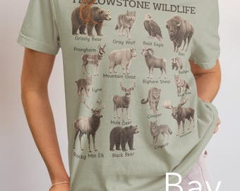 Camiseta de vida silvestre de Yellowstone, guía de campo del Parque Nacional Vintage, colores cómodos, camiseta de algodón