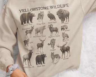 Yellowstone Wildlife Sweatshirt Vintage National Park Field Guide Light Color Crewneck