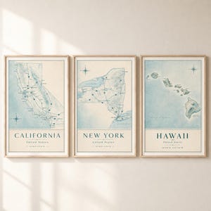 May include: Three framed vintage-style maps of U.S. states: California, New York, and Hawaii. Each map is in a light blue and beige color scheme, with state outlines, roads, and compass rose details. The state names are printed in a serif font.