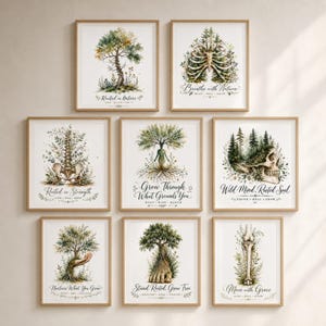 May include: A collection of eight framed art prints with watercolor illustrations. Each print features a tree or botanical elements combined with human anatomy, such as a rib cage or spine. The prints have inspirational text.