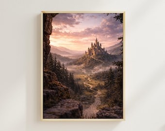 Lámina artística de castillo medieval, póster de paisaje de valle fantástico / Decoración de pared de fantasía oscura de bosque brumoso / Decoración para sala de juegos
