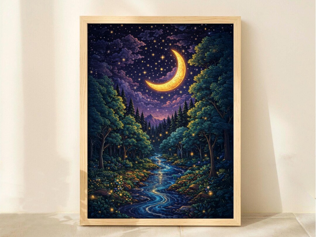Crescent Moon Forest Wall Art Print, Starry Night River Landscape ...