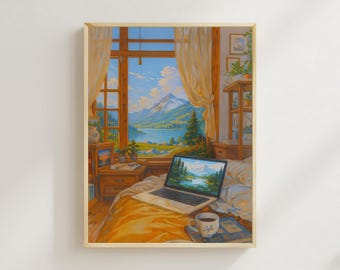 May include: A framed wall art print depicting a bedroom interior with a laptop on a bed, a coffee mug, and a large window view of a mountain lake landscape. The scene features warm yellow bedding, sheer curtains, and wooden furniture in a cozy room.