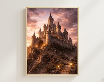 Fantasy Castle Path Wall Art, Medieval Gothic Towers Poster | Dramatic Sunset Landscape Print | Fantasy Room Decor