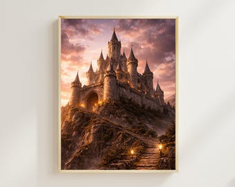 Fantasy Castle Path Wall Art, Castle Wall Decor, Canvas Wall Art, Medieval Castle Art Print, Fantasy Landscape Poster, Dark Fantasy Artwork
