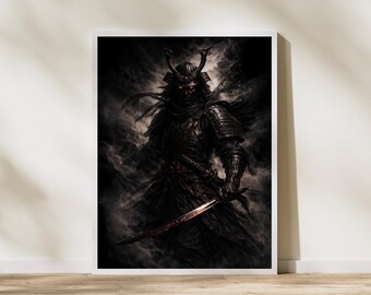 Dark Samurai Wall Art, Japanese Warrior Poster | Gothic Fantasy Print, Red Moon Dramatic Decor | Gaming Room Wall Decor