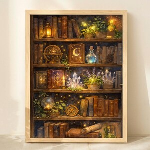 May include: A framed wall art print depicting a wooden bookshelf filled with old books, glowing lanterns, crystal clusters, potted plants, and a celestial globe. The scene features warm golden lighting, small glowing orbs, and a dark, starry background.