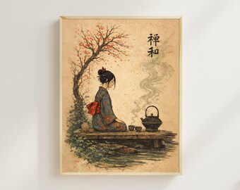 Puede incluir: Una lámina de arte enmarcada que muestra a una persona con un kimono estampado sentada en un muelle de madera junto a un árbol de hojas naranjas. Una tetera humeante y dos tazas pequeñas están cerca. Los caracteres japoneses 禅和 son visibles.