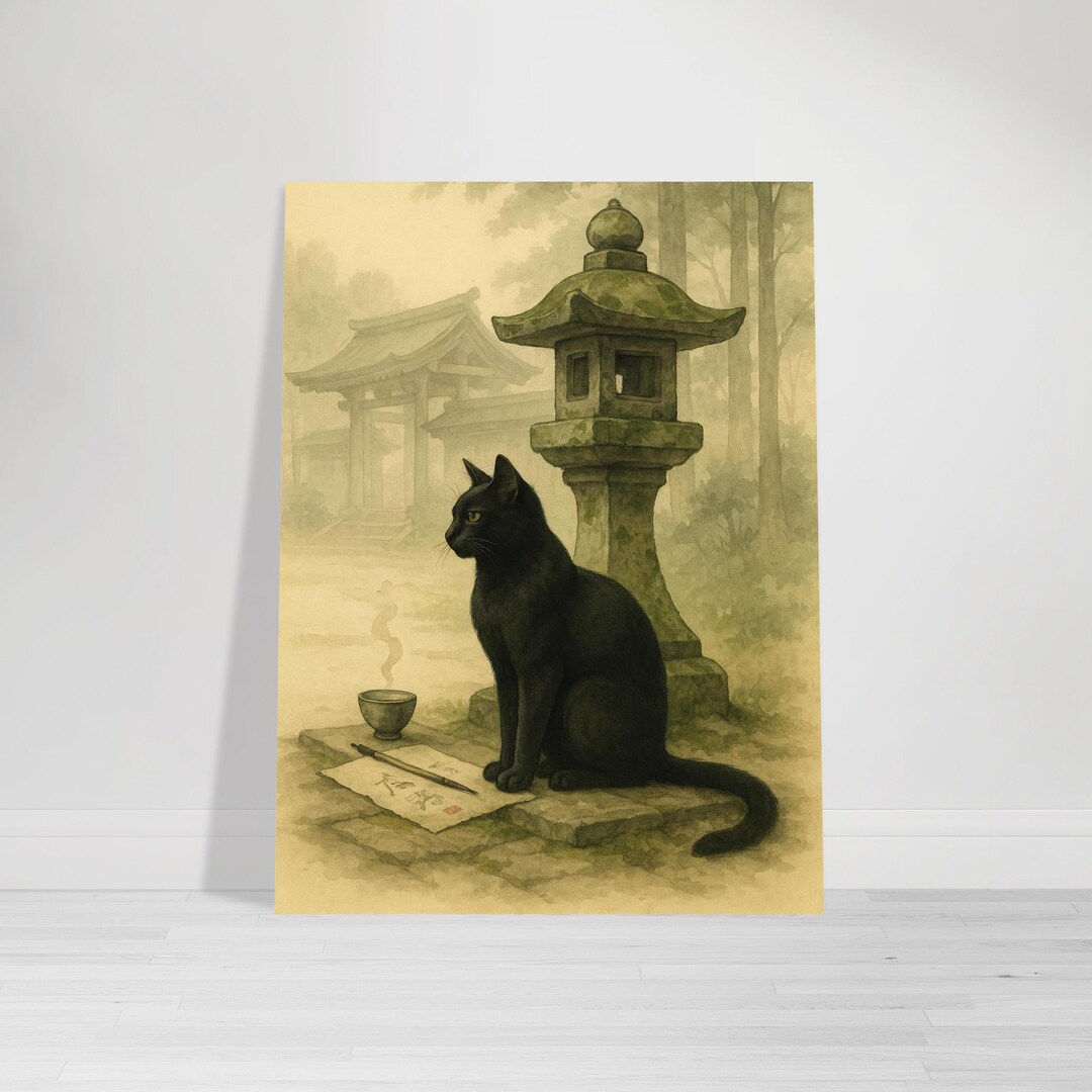 Temple Cat Art Print – Japanese Zen Guardian Wall Decor - Etsy