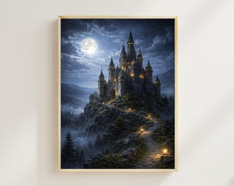 Arte de castillo a la luz de la luna, decoración de pared gótica fantástica / lámina de paisaje nocturno medieval / obra de arte para habitación fantástica