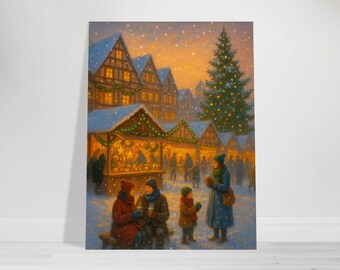 Christmas Wall Art Print, Winter Village Poster | Cozy European Market Scene | Living Room Decor