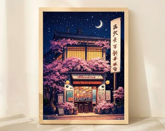May include: A framed art print depicting a two-storey building at night under a starry sky with a crescent moon. The structure features warm interior lighting, pink cherry blossom trees in bloom, and a vertical sign with Japanese characters.