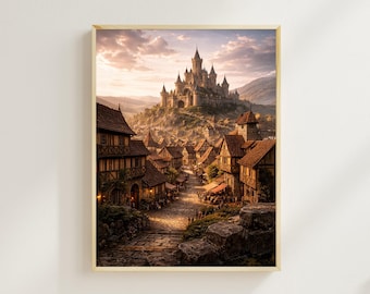 Lámina artística de castillo medieval, póster de pueblo de castillo de fantasía a la luz de la luna / Decoración gótica de fantasía oscura / Arte de pared para sala de juegos