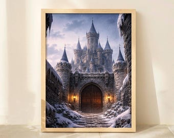 Arte de castillo nevado, lámina de paisaje invernal de fantasía / Torres góticas medievales, escena oscura y helada / Decoración de pared para sala de juegos