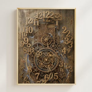 May include: A rectangular wall art piece featuring a complex mechanical clock design with bronze-toned gears, intricate metal filigree, and floating three-dimensional numbers. The composition includes swirling energy lines and a weathered, textured background.