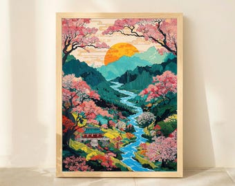 Japanese Wall Art, Vibrant Sakura Valley Landscape Print | Cherry Blossom Mountain River Poster | Nature Zen Decor