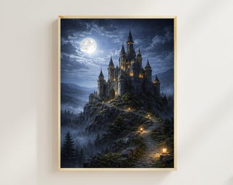 Moonlit Medieval Castle Art Print, Fantasy Gothic Decor