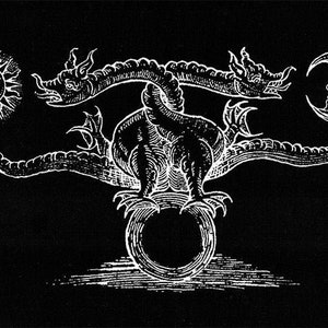 May include: A black and white illustration of a three-headed dragon with a sun and moon on either side. The dragon is standing on a circle.