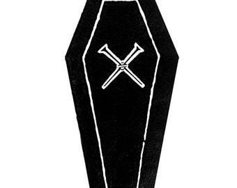 Pode incluir: Ilustração em preto e branco de um caixão com dois pregos cruzados no interior.