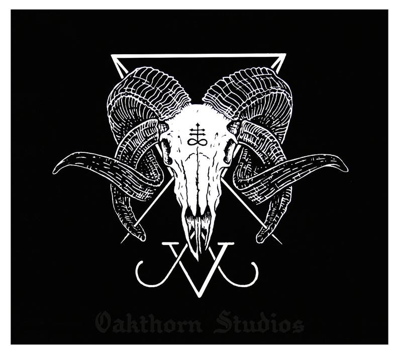 May include: Black and white illustration of a ram skull with horns, a pentagram symbol, and the text "Oakthorn Studios".
