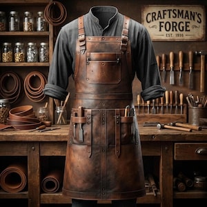 Può includere: Un grembiule in pelle marrone con più tasche e cinghie, indossato sopra una camicia grigia a maniche lunghe. Il grembiule ha una grande tasca frontale e tasche per attrezzi più piccole. Lo sfondo include un'officina con strumenti e l'insegna "Craftsman's Forge Est. 1936."