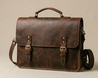 Bolso bandolera clásico de piel marrón para portátil – Bolso de trabajo minimalista hecho a mano