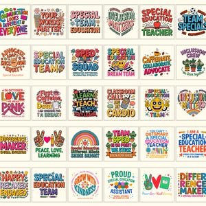 May include: A selection of vibrant square designs with text and graphics focused on special education. The designs feature phrases such as "Inclusion Matters," "Special Education Team," and "Difference Maker." The colour scheme includes pink, blue, yellow, and green.