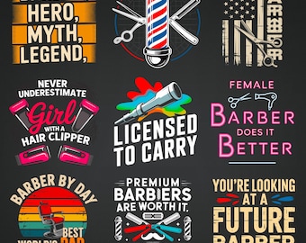 Barber SVG Bundle | 9 Hair Stylist PNG Designs | Salon Clipart | Barbershop Quotes Set