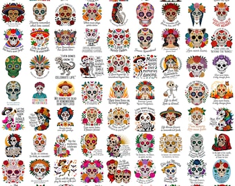 May include: A collection of colorful Day of the Dead sugar skull stickers. Each skull is uniquely decorated with floral designs, text, and vibrant colors. The stickers are perfect for adding a festive touch to any surface.