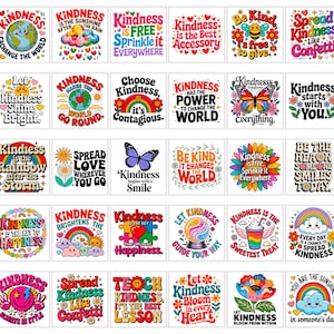 May include: A collection of square stickers with colorful designs and positive messages about kindness. Each sticker features unique graphics, including rainbows, butterflies, flowers, and inspirational quotes. The stickers are designed with a variety of fonts and colors.