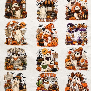 Könnte beinhalten: Eine Sammlung von zwölf Halloween-Illustrationen mit Geistern in verschiedenen Szenen, darunter beim Lesen von Büchern, Kaffeetrinken, mit Hüten und im Zusammenspiel mit Kürbissen, schwarzen Katzen und Herbstblättern mit Text wie Spooky Vibes.