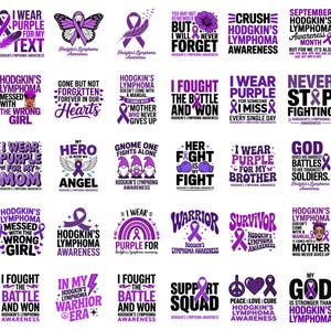 Puede incluir: Una colección de veinticinco diseños gráficos en morado y negro con temas de concienciación sobre el linfoma de Hodgkin. Cada cuadrado contiene tipografía única, lazos morados, mariposas, corazones, gnomos y eslóganes.