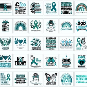 Può includere: Raccolta di grafiche quadrate con nastri color teal e testo relativi alla consapevolezza della nevralgia del trigemino. I disegni includono frasi come "Il mio Dio è più forte della nevralgia del trigemino".