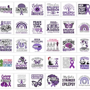 Puede incluir: Colección de gráficos cuadrados con cintas moradas y texto relacionado con la concienciación sobre la epilepsia. Los diseños incluyen frases como "Epilepsy Warrior", "Usamos morado" y "La lucha es mía".
