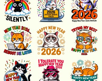 Pacote Gato Sarcástico Ano Novo 2026 | frases engraçadas de animais | clipart de feriado | sublimação 300 DPI