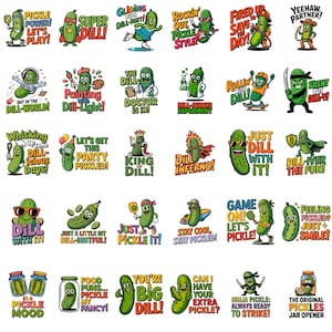 Könnte beinhalten: Eine Sammlung farbenfroher Aufkleber zum Thema Gurken. Jeder Aufkleber zeigt eine Cartoon-Gurke mit verschiedenen Ausdrücken und Sätzen wie "Pickle Power!" und "Just Dill With It!"