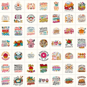 May include: A collection of colorful kitchen-themed graphic designs with text. The designs include phrases like "Sweet Treat Cupcakes," "Bake with Love," and "Gather & Cook with Heart." The images feature cupcakes, utensils, and other cooking-related elements.