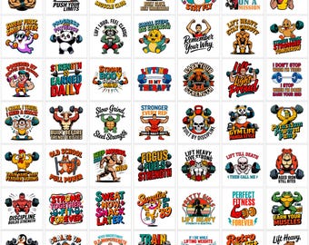 May include: A selection of vibrant, cartoon-style stickers with fitness and gym themes. Each sticker showcases a unique design, featuring animals, people, and motivational phrases related to strength training and exercise.