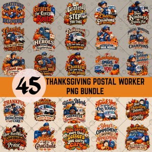 Peut inclure: Une collection numérique de 45 motifs graphiques sur le thème de Thanksgiving représentant des facteurs, des camions de courrier, des citrouilles et des feuilles d'automne. Chaque illustration inclut du texte comme Gratitude Delivered et Thankful.