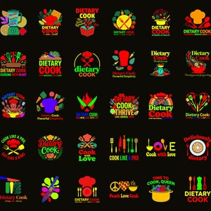 May include: A selection of vibrant logos, each displaying the words "Dietary Cook" alongside cooking-themed illustrations. The designs incorporate kitchen tools, food imagery, and phrases like "Cook with Love" and "Cook Like a Pro" set against a black backdrop.