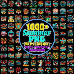 Peut inclure: Une collection numérique de plus de 1000 motifs graphiques sur le thème de l'été, présentant des illustrations colorées de créatures marines, de plantes tropicales et d'objets de plage avec du texte, en format 300 DPI fond transparent.