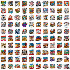 Peut inclure: Une collection de graphismes colorés sur le thème du volley-ball, avec des phrases motivantes telles que "Servez dur", "Spike the Day" et "Chassez la victoire". Les motifs présentent des ballons de volley-ball et une typographie audacieuse.