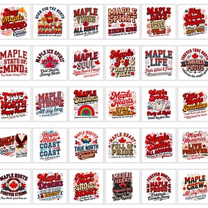 Pode incluir: Uma coleção de trinta designs gráficos quadrados com tipografia e ilustrações de temática canadense. Cada design incorpora paletas de cores vermelho, branco e azul com motivos de folhas de bordo, fogos de artifício e frases como Maple Vibes.