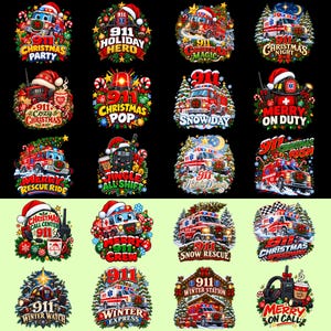 Puede incluir: Una colección de dieciséis diseños gráficos circulares con vehículos de emergencia, temas del 911 y elementos navideños como gorros de Papá Noel, árboles de Navidad, coronas y bastones de caramelo. Cada diseño incluye texto como 911 Christmas Party, Hero, Magic, Night, Cozy, Pop, Snow Day, Merry On Duty, Merry Rescue Ride, Jingle All Shift, Holiday Dreams, Christmas Rush, Call Center, Merry 911 Crew, Snow Rescue, Speedway, Winter Watch, Winter Express, Winter Station y Merry On Call.
